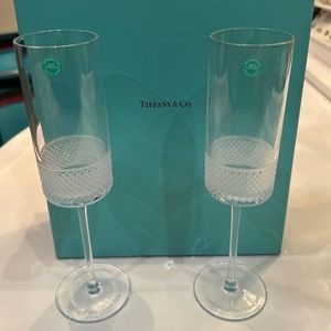 NEW Tiffany & Co Diamond Point Champagne Flutes with ingraving